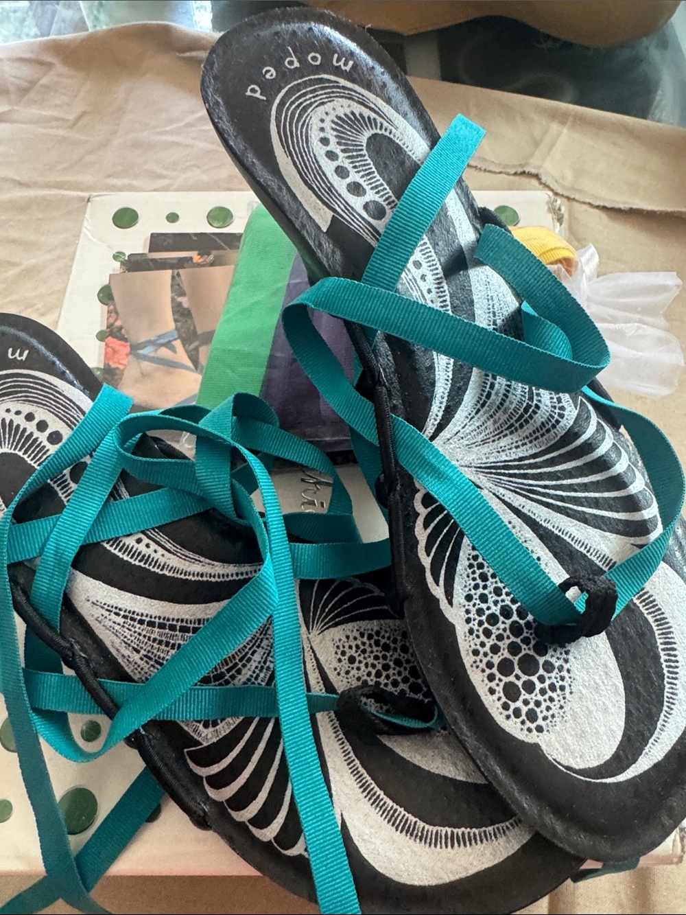 Earthies Teal and Black Strappy Sandals with multiple laces Moped